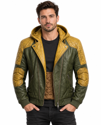 Steampunk Green Quilted Hooded Bomber Leather Jacket
