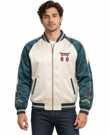 Torii Gate Sukajan Teal Satin Bomber Jacket