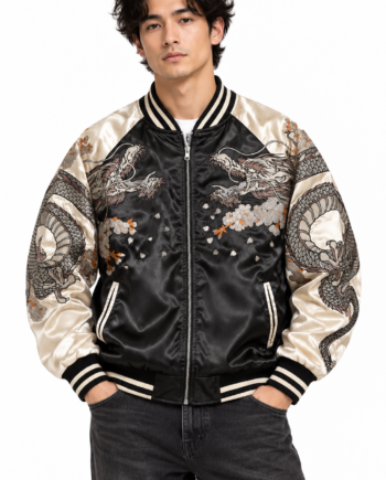Vintage Sukajan Dragon Black Satin Bomber Jacket